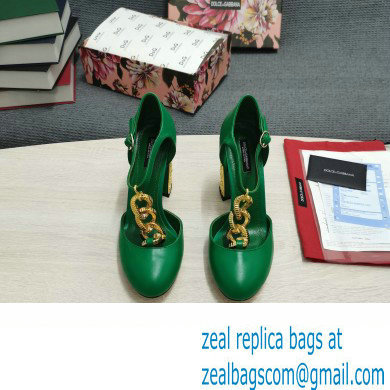 Dolce & Gabbana Logo Heel 10.5cm Chain leather T-strap Pumps Green 2022 - Click Image to Close